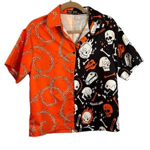 Halloween Skull Coffin Barb Wire‎ Horror Button Down Shirt Sz S Womens